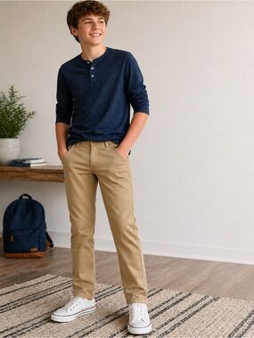 Wrangler Boys 16 Husky Slim Straight Khaki Pants NWT Adjustable Waist Flex